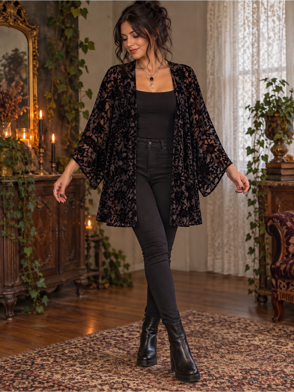 Black Burnout Velvet Kimono Cardigan L Whimsigoth Fairy Grunge Boho Festival